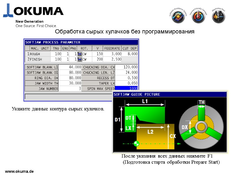 www.okuma.de New Generation One Source. First Choice. Обработка сырых кулачков без программирования Укажите данные